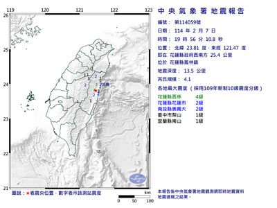 56花蓮鳳林規模4.1「極淺層地震」　最大震度4級