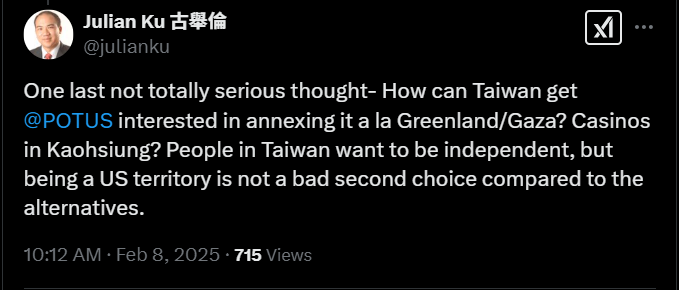 ▲▼「如何讓川普有興趣併吞台灣」　美學者：不是太糟選項。（圖／翻攝X）