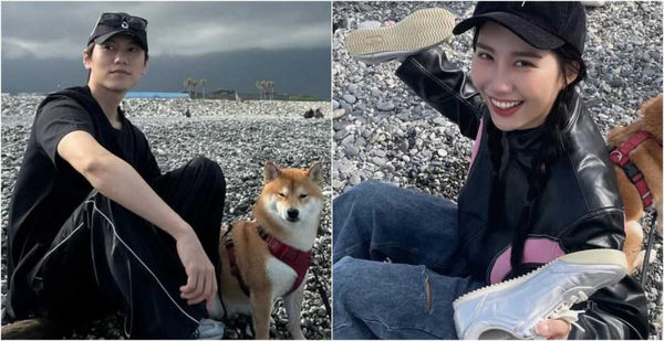 去年過年，毛弟到花蓮家族旅遊，在七星潭跟愛犬Momo醬合照，巧合的是，妤妤也po出七星潭照片，右上角還讓Momo醬入鏡。（圖／翻攝毛弟臉書／翻攝妤妤臉書）