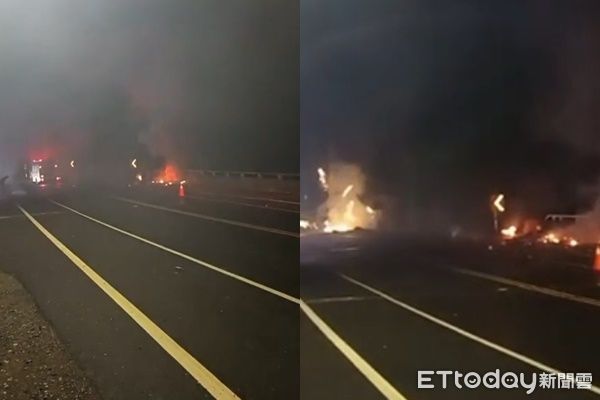 ▲▼             ▲花蓮貨車載運的鞭炮意外被菸蒂引燃，眾人連忙丟出車外。（圖／義消提供）