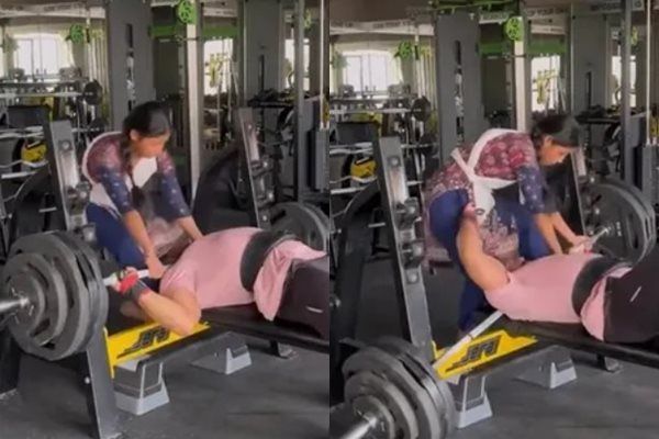 ▲▼印度舉重選手比什努在訓練中失手將165公斤的槓鈴砸在頸上，所幸嬌小的妻子及時救援，才成功逃過死劫。（組圖／翻攝自IG）