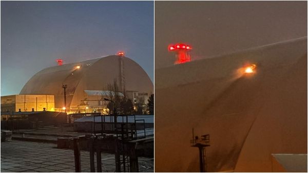 ▲▼俄無人機襲擊車諾比核電廠　輻射防護罩「炸出火光」畫面曝。（圖／翻攝X）