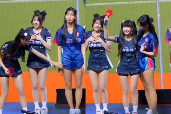 ▲韓國啦啦隊睦那京嘟嘴，筠熹互動被粉絲拍下。（圖／樂天桃猿提供）