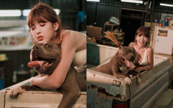 ▲壯壯學起惡霸犬做出吐舌模樣。（圖／翻攝自Instagram／ula_shen_）