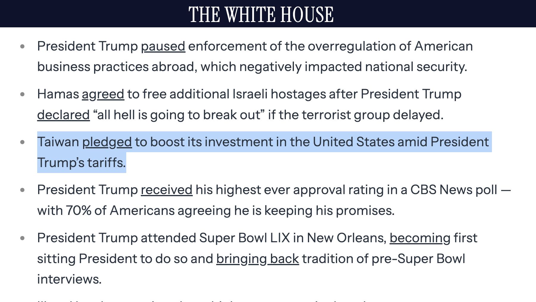 ▲▼總統賴清德召國安高層會議揭示台美關係新方向，川普政府納入政績。（圖／截取自白宮新聞網站）