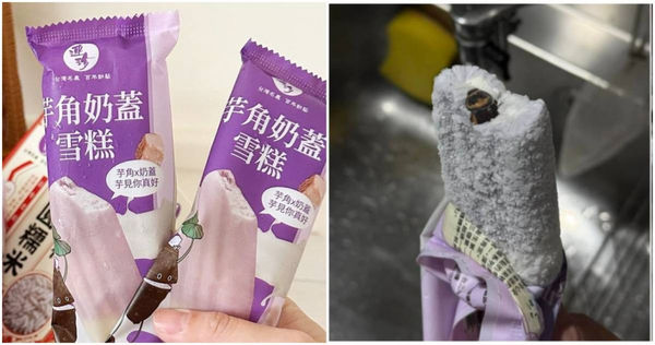 有網友近日爆料，在超商購買由連珍合作授權的冰棒「連珍芋角奶蓋雪糕」時，並從雪糕中吃出蟑螂。（圖／翻攝FB／爆料公社、日亞特選名物）
