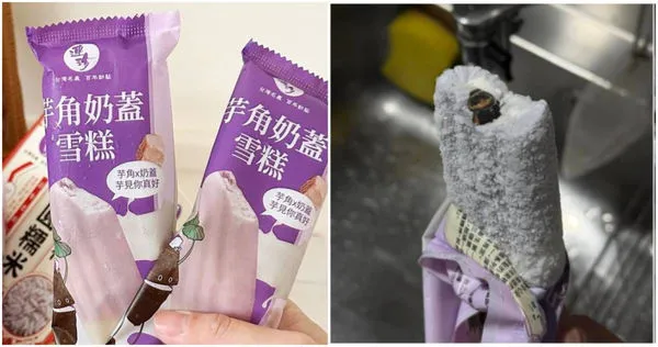 有網友近日爆料，在超商購買由連珍合作授權的冰棒「連珍芋角奶蓋雪糕」時，並從雪糕中吃出蟑螂。（圖／翻攝FB／爆料公社、日亞特選名物）