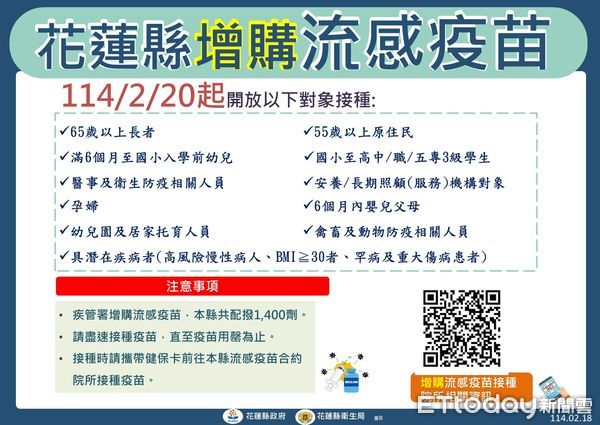 ▲花蓮縣獲中央配賦流行感疫苗1,400劑，提供11類高危險群對象接種，直至疫苗用完為止。（圖／花蓮衛生局提供）