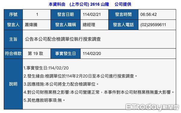 ▲▼經營山隆連鎖加油站體系的山隆通運公司，21日發布重訊證實被檢調搜索調查。（圖／翻攝「公開資訊觀測站」）