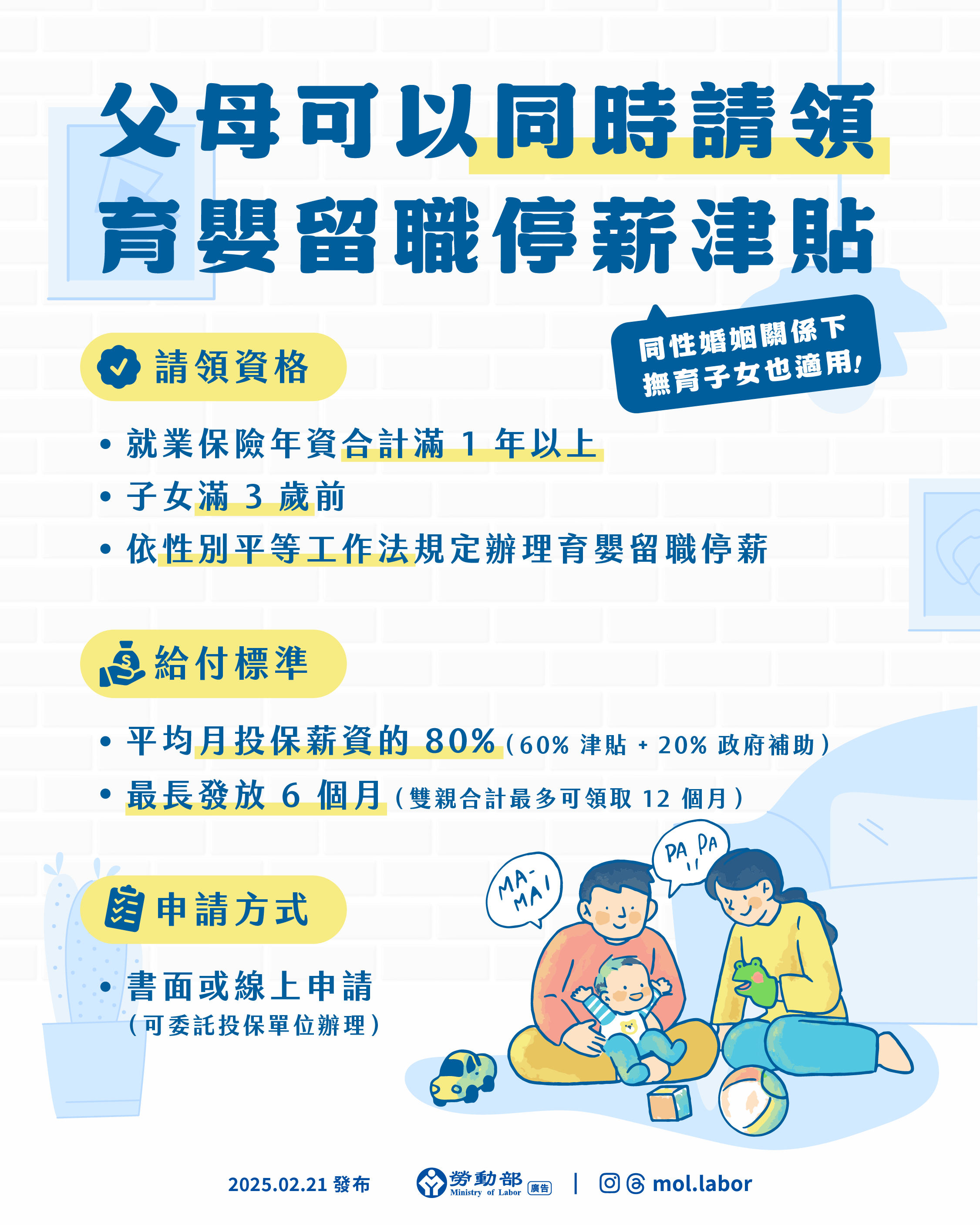 ▲父母可同時申請育嬰留職停薪津貼。（圖／勞動部提供）