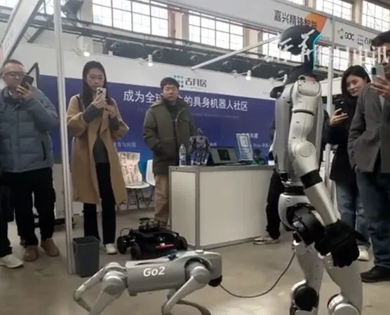 ▲▼  宇樹科技人形機器人遛機器狗           。（圖／翻攝 澎湃新聞）