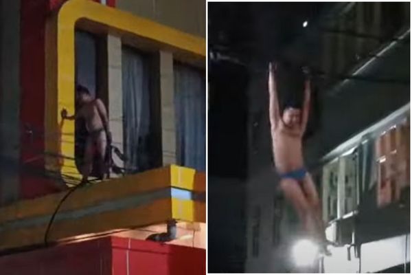 被捉姦？男近全裸出逃爬電線，「泰山蜘蛛人」橫空出世全城驚呆。（翻自YouTube畫面）