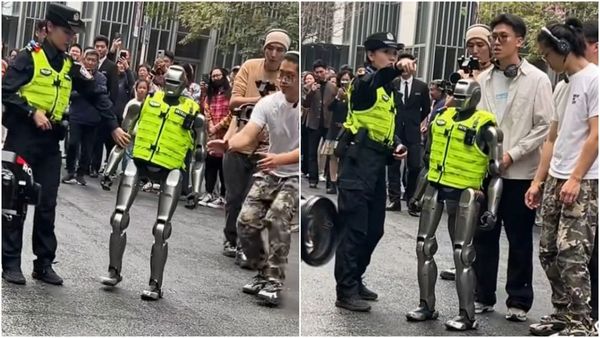 中國機器人警察上街巡邏險滑倒，陪同女警變「看護」攙扶。（翻攝抖音）