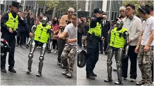 中國機器人警察上街巡邏險滑倒，陪同女警變「看護」攙扶。（翻攝抖音）
