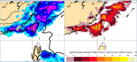 ▲▼下週二(4日)鋒面通過、伴隨明顯降雨(左圖)。同時閃電密度(前6小時)的模擬圖顯示，有雷雨發生的機率(右圖)。（圖／洩天機教室）