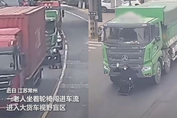 輪椅阿公硬鑽車縫，遭大貨車推著走。（圖／翻攝自微博）