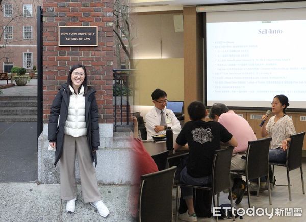 ▲圖左為陽明交大醫學系畢業生黃昱潔，於NYU攻讀法律時留下照片。圖右為黃昱潔(右)回醫學系與學弟妹分享跨領域職涯探索。（圖／陽明交大醫科提供）