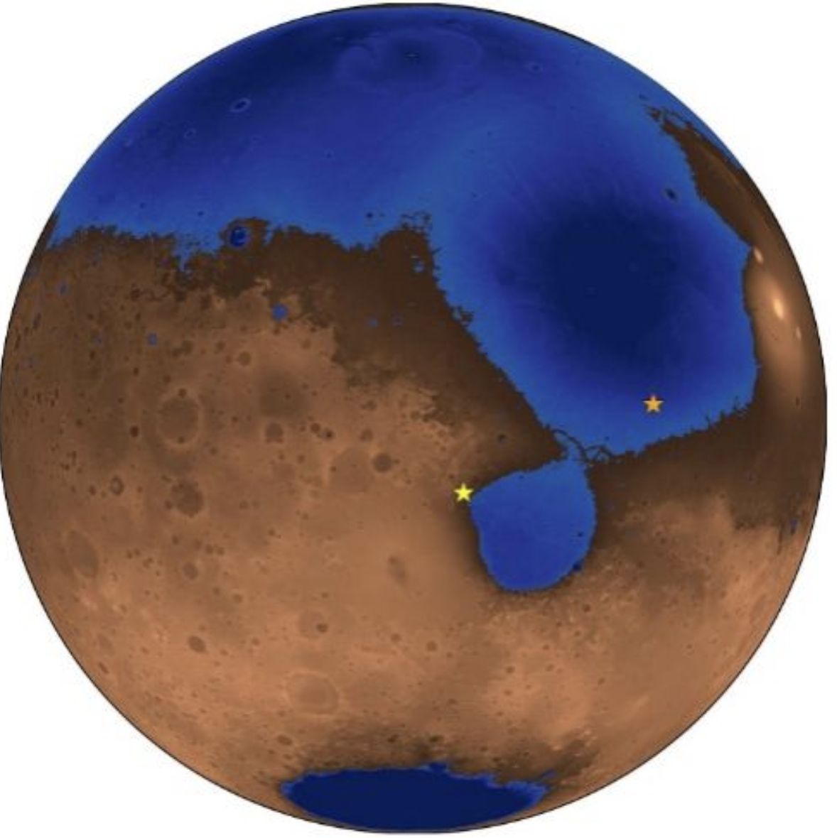 ▲36億年前的火星假想圖，兩顆星星分別代表祝融號和NASA毅力號著陸點。（圖／翻攝央視）