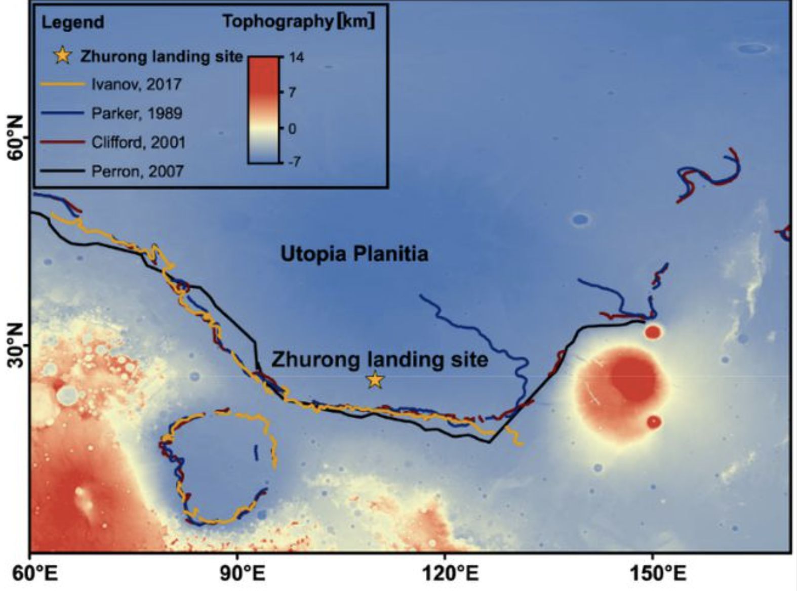 ▲火星烏托邦平原及4條可能的古海岸線。（圖／翻攝央視）