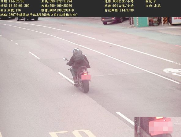 ▲自2023年6/30日起行車速度超過最高時速40公里就屬嚴重超速，圖為紅牌重機在平鎮區延平路超速41公里違規超速照相。（圖／市警局交大提供）