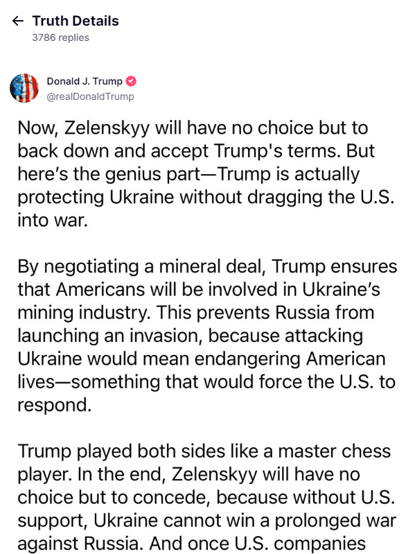 ▲▼川普在社群轉貼支持者對於與澤倫斯基會談的分析。（圖／翻攝自Truth Social）