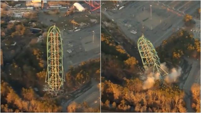 ▲▼震撼！138公尺雲霄飛車「瞬間解體倒塌」　炸毀拆除畫面曝光。（圖／翻攝X）