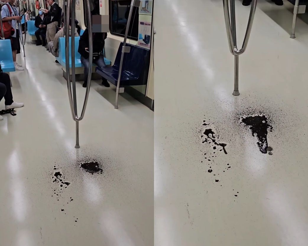 ▲北捷車廂滴落黑色液體。（圖／翻攝自Threads）