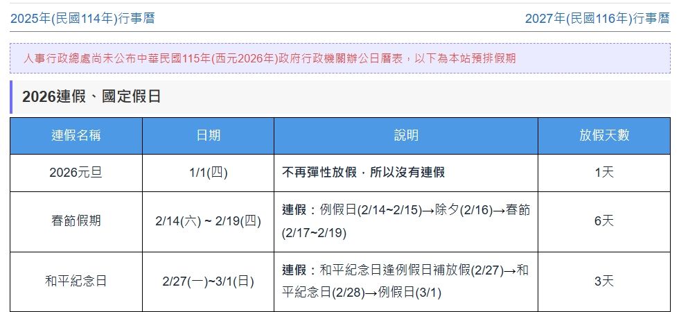 ▼2026年行事曆表，此為預排版本。（可點圖放大／翻攝talllkai網站）