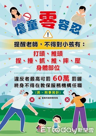 ▲台南市教育局特別印製虐童零容忍海報，要求幼兒園需張貼於每間教室、行政辦公室等明顯之處，提醒教保服務人員落實正向管教，機構負責人也應善盡輔導與管理之責。（圖／記者林東良翻攝，下同）