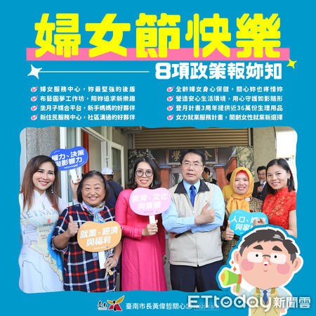 ▲台南市為提升婦女褔利，致力提升婦女權益與生活品質，黃偉哲市長持續推動婦女8大友善政策，期促進婦女身心健康及提升社會地位，打造更友善的婦女發展環境。（圖／記者林東良翻攝，下同）