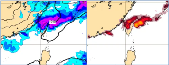 ▲▼ 16日2時地面氣壓及前6小時累積降水圖顯示，鋒面通過、伴隨明顯降雨(左圖)。同時閃電密度(前6小時)的模擬圖顯示，有雷雨發生的機率(右圖)。（圖／洩天機教室）
