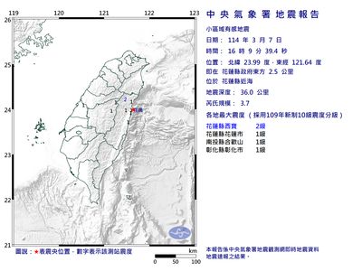 快訊／16:09花蓮近海規模3.7地震　最大震度2級