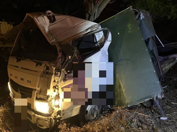 ▲彰化國1北向216K貨車摔落邊坡。（圖／警方 消防提供）