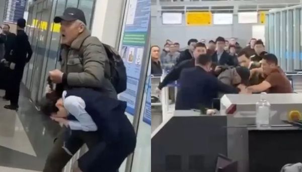 ▲▼哈薩克一名男子7日在機場持刀劫持女地勤，所幸前拳擊手阿卜杜拉姆挺身而出，才成功將對方制伏。（組圖／翻攝自X）