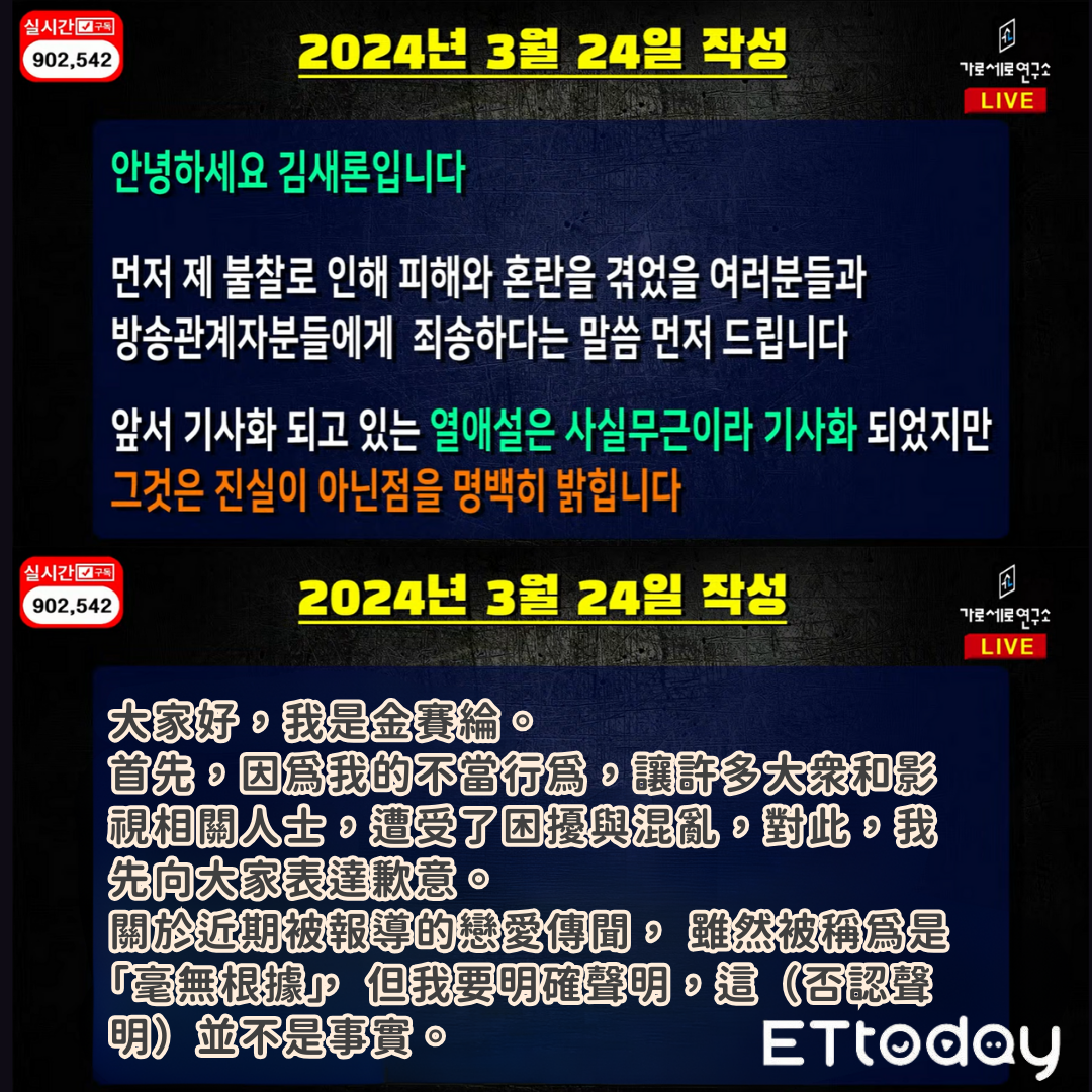 ▲金賽綸生前未公開發文。（圖／ETtoday製表、翻攝自YouTube／가로세로연구소）