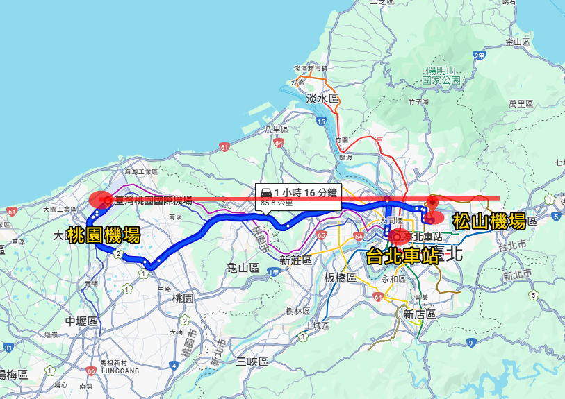 ▲網友發現，桃園機場也比台北車站還北。（圖／翻攝自Google Maps）