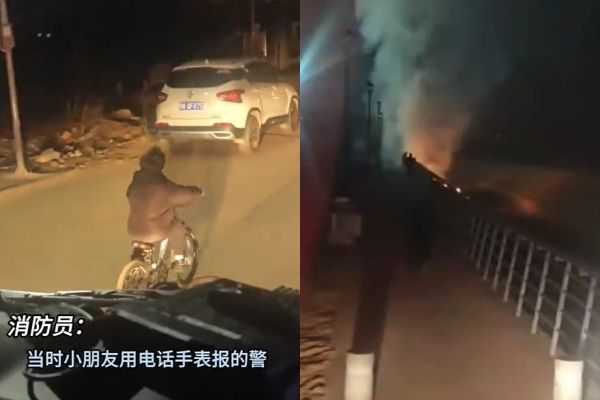 10歲男童目睹火災冷靜報案，狂踩腳踏車幫消防員帶路。（圖／翻攝自微博／央視新聞）