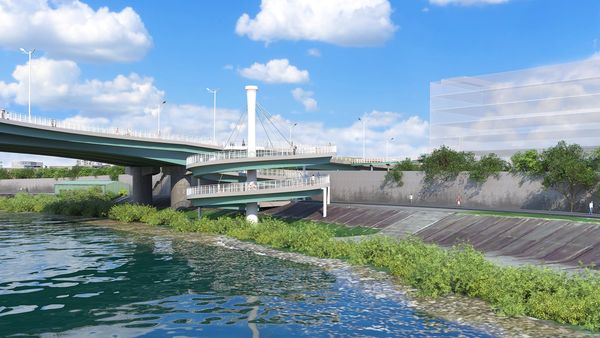 ▲跨越基隆河、銜接內湖與松山地區的「民權大橋」，將在旁增設約180公尺長的流線型「人行景觀橋」，預計2026.2完工。（圖／臺北市政府工務局新建工程處提供）