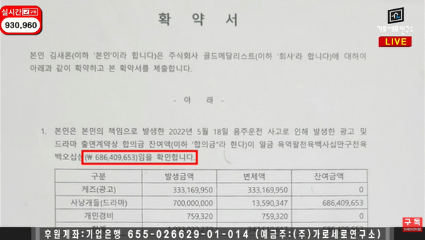▲▼金賽綸欠7億「不是酒駕損害賠償」　存證信函內容揭曉：1年要還清。（圖／翻攝自YouTube／가로세로연구소）