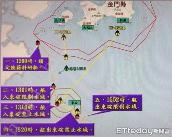 ▲▼中國「延平2號」公務船於金門東碇島海域企圖進行水下探測，海巡艇即時制止驅離             。（圖／海巡署提供）