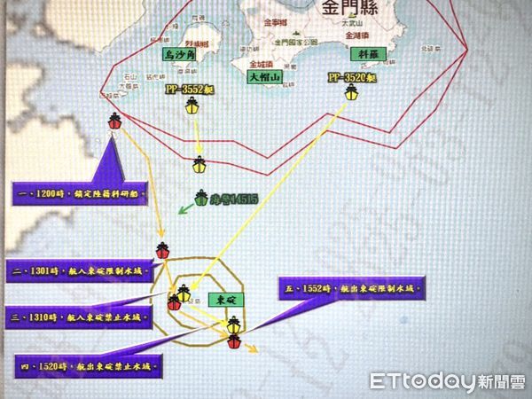 ▲中國海科船闖我金門海域施放偵測器蒐集水文資料，遭海巡艇攔截驅離。（圖／記者張君豪翻攝）