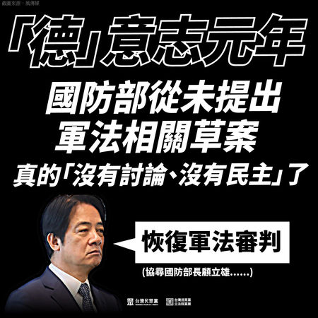 ▲▼針對賴清德恢復軍事審判制度，立院民眾黨團批評，國防部從未與社會討論，也未提出軍法相關草案，現在的民進黨已經淪為一人政黨，唯「德意志」獨尊。（圖／立院民眾黨團提供）