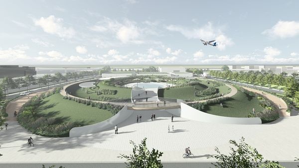 ▲「濱江水資源再生中心」上部空間打造成賞機景觀公園，以「漣漪」與「綠意」為設計理念。（示意圖／北市工務局衛工處提供）