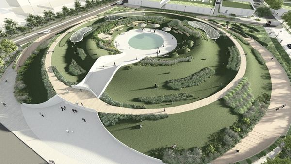 ▲「濱江水資源再生中心」上部空間打造成賞機景觀公園，以「漣漪」與「綠意」為設計理念。（示意圖／北市工務局衛工處提供）