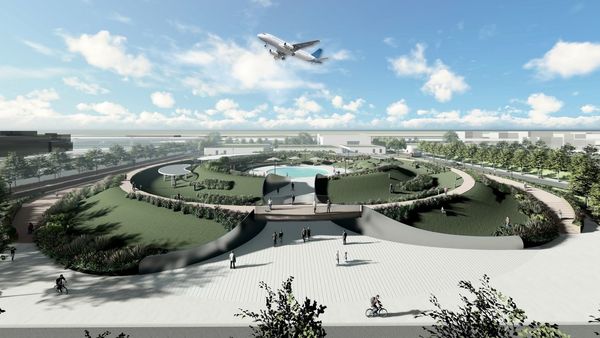 ▲「濱江水資源再生中心」上部空間打造成賞機景觀公園，以「漣漪」與「綠意」為設計理念。（示意圖／北市工務局衛工處提供）