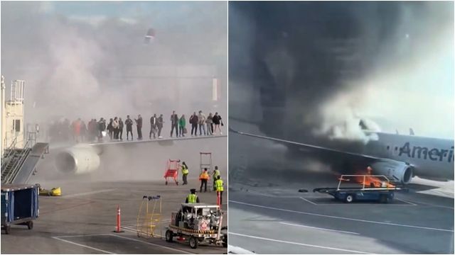 ▲▼美航客機突起火！乘客被迫「站上機翼」　黑煙竄天畫面曝光。（圖／翻攝X）