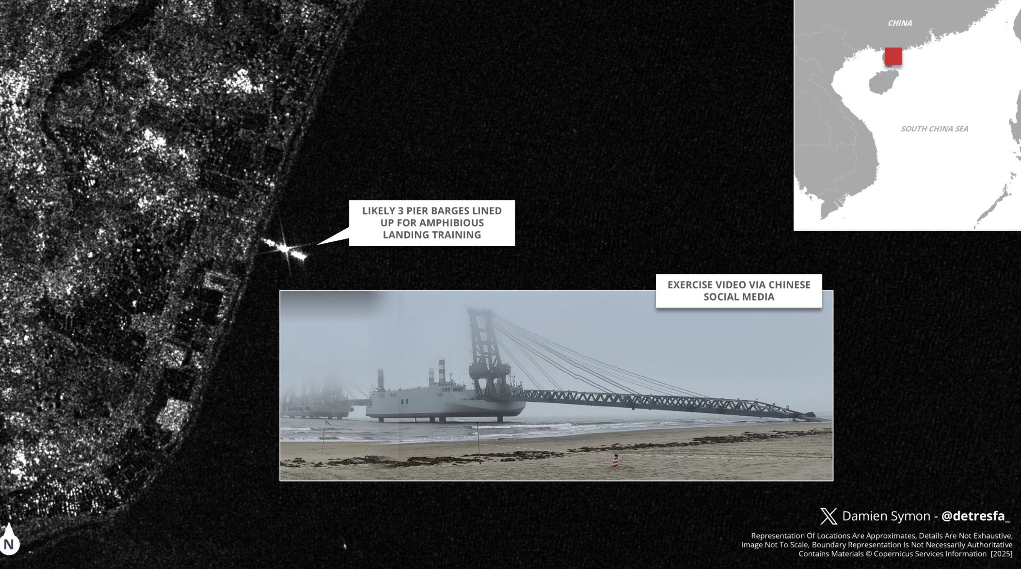 ▲在國外社群網站上瘋傳的共軍「登陸神器」和衛星圖像。（圖／翻攝X）
