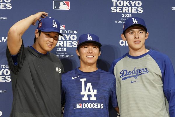 ▲▼大谷翔平、山本由伸、佐佐木朗希出席記者會。（圖／達志影像／美聯社）