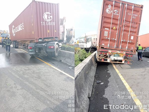 ▲▼國1「大貨車折甘蔗」！車頭橫跨分隔島　南北車流全塞爆。（圖／記者賴文萱翻攝）