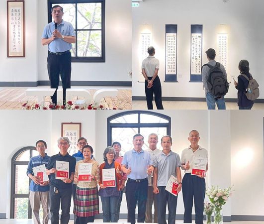 ▲左上圖港務公司總經理王錦榮在頒獎典禮致詞；右上圖得獎作品於高雄港港史館展出，下圖王景榮與得獎人合影。（圖／港務公司提供）